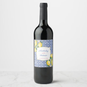 Étiquette Pour Bouteilles De Vin Capri Lemons Bleu Carreaux blancs Imprimer Déjeune