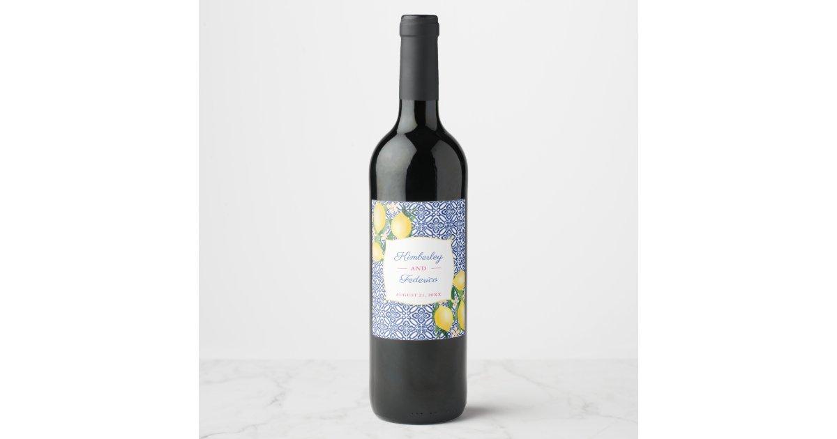 Etiquette Pour Bouteilles De Vin Capri Lemons Bleu Carreaux Blancs Imprimer Dejeune Zazzle Fr