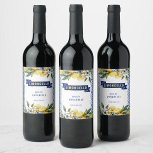Étiquette Pour Bouteilles De Vin Carreaux Bleus Aquarelle Citrons Limocello
