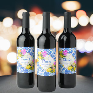 Étiquette Pour Bouteilles De Vin Carreaux bleus bougainville citron mariage personn