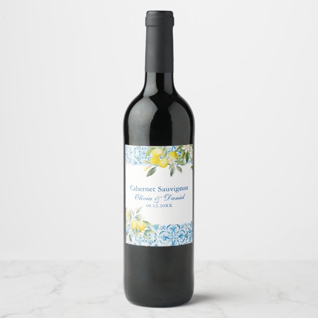 Étiquette Pour Bouteilles De Vin Carrelage bleu méditerranéen & Mariage citron (Devant)