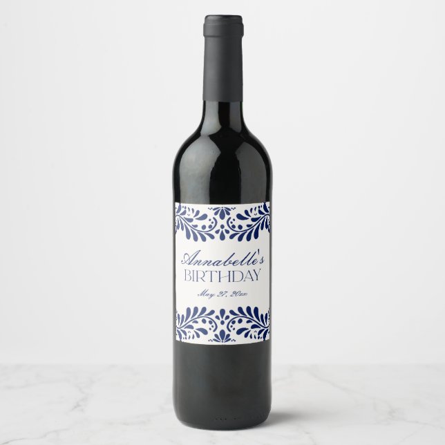 Étiquette Pour Bouteilles De Vin Carrelage Talavera bleu Espagne Fiesta Anniversair (Devant)