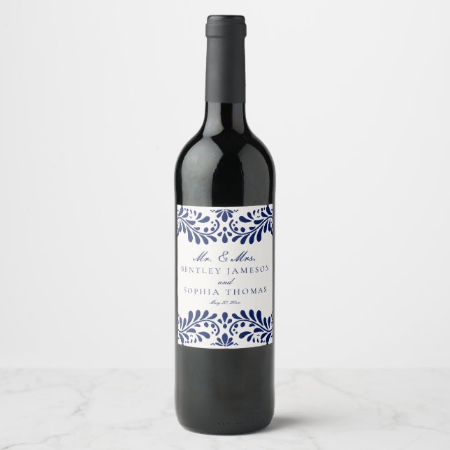 Étiquette Pour Bouteilles De Vin Carrelage Talavera bleu Espagne Mariage Fiesta (Devant)