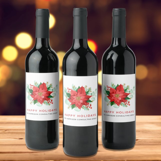Étiquette Pour Bouteilles De Vin Carte de Noël à l'aquarelle Poinsettia pour les Fê (Créateur téléchargé)