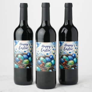 Étiquette Pour Bouteilles De Vin Carte de Pâques Lapin Nid Aquarelle Joyeuse