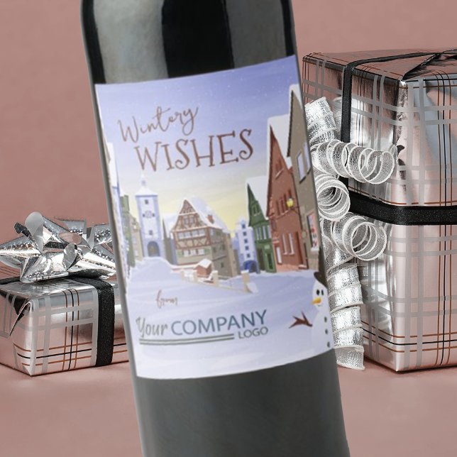 Étiquette Pour Bouteilles De Vin Carte de vacances Snowy Bavarian Village Company (company Christmas logo wine labels, corporate holiday stickers, German Bavarian old town shops)