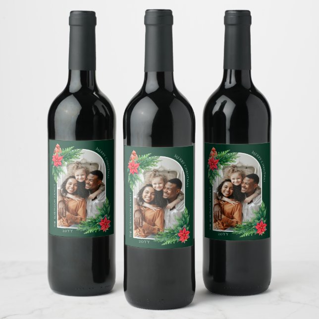 Étiquette Pour Bouteilles De Vin Carte photo de Noël élégante Végétation hivernale (Bouteilles)