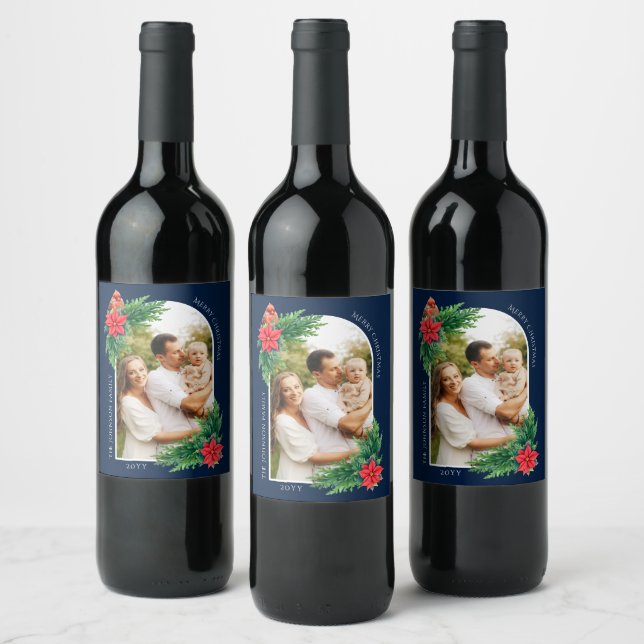 Étiquette Pour Bouteilles De Vin Carte photo de Noël élégante Végétation hivernale (Bouteilles)