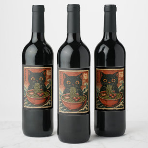 Étiquette Pour Bouteilles De Vin Cat Ramen Japonais drôle Graphisme Kawaii Cat Anim