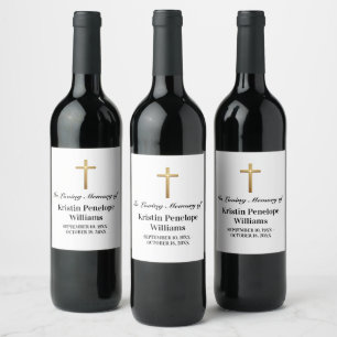Étiquette Pour Bouteilles De Vin Célébration De Vie Funéraire Croix Dorée Élégante