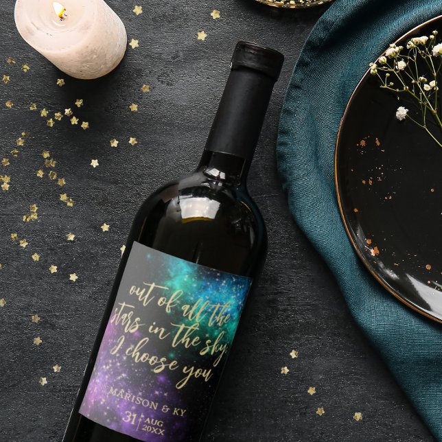 Étiquette Pour Bouteilles De Vin Céleste Nuit Sky Space Nebula Gold Star Mariage (Créateur téléchargé)