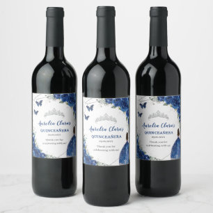 Étiquette Pour Bouteilles De Vin Cérémonie de Quinceañera Fleurie Bleu Royal Argent