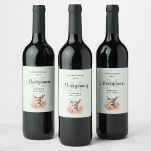 Étiquette Pour Bouteilles De Vin Cerf Cute Entouré De Monogrammes Roses, Réalisatio