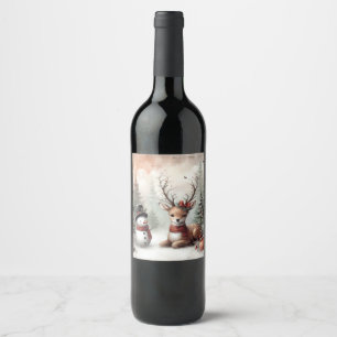 Étiquette Pour Bouteilles De Vin Cerf de Noël/bonhomme de neige en bois classique