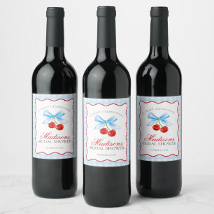 Étiquette Pour Bouteilles De Vin Cerise Douce Bleu Coquette Gingham Mariage