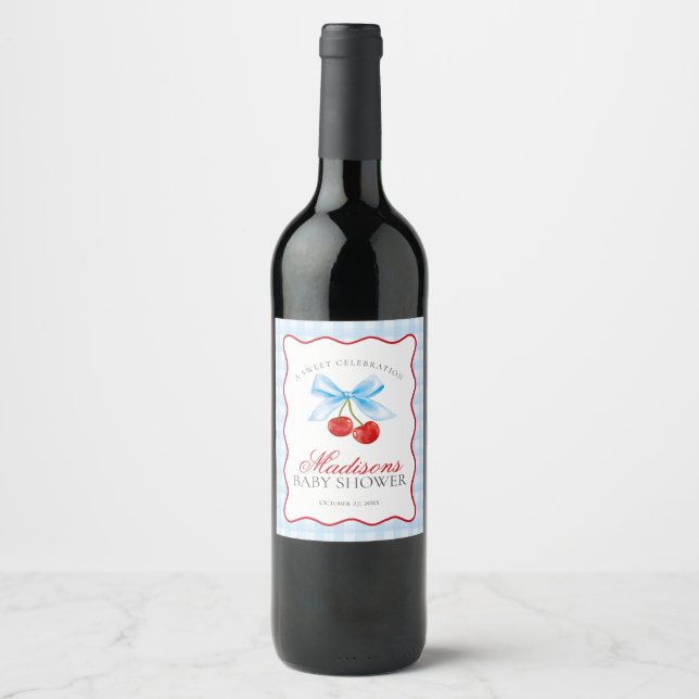 Étiquette Pour Bouteilles De Vin Cerise Sweet Bleu Coquette Bow En vichy Baby showe (Devant)