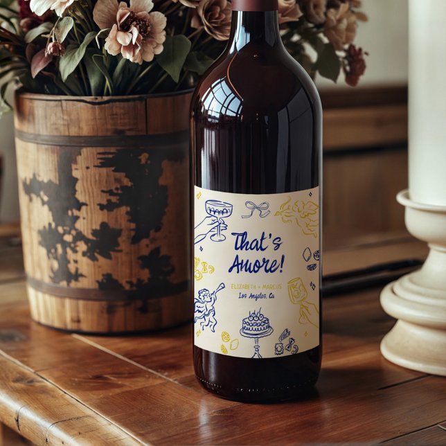 Étiquette Pour Bouteilles De Vin C'est Amore ! Bleu et jaune (Créateur téléchargé)
