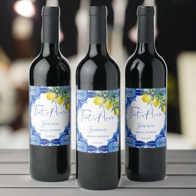 Étiquette Pour Bouteilles De Vin C'est beaucoup de tuiles bleues citrons italien (That's amore blue tiles lemons vintage Italian bridal shower personalized printed wine labels)