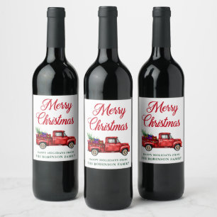 Étiquette Pour Bouteilles De Vin Chaîne d'arbre de Noël du Camion rouge Aquarelle