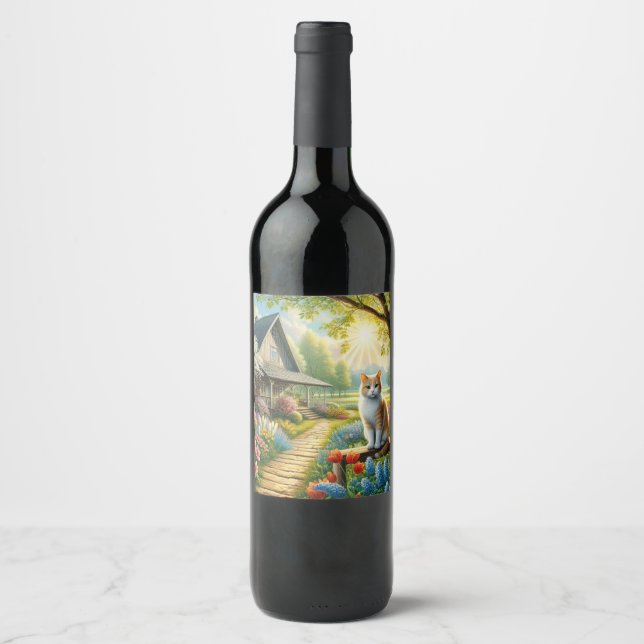 Étiquette Pour Bouteilles De Vin Chalet de printemps/jardin & chat (Devant)