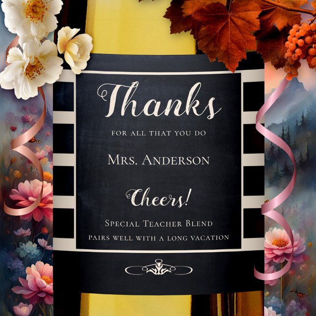 Étiquette Pour Bouteilles De Vin Chalkboard Enseignant Merci Vin Étiquette (Elegant teacher Thank You wine label featuring a chalkboard or blackboard design with stripes)
