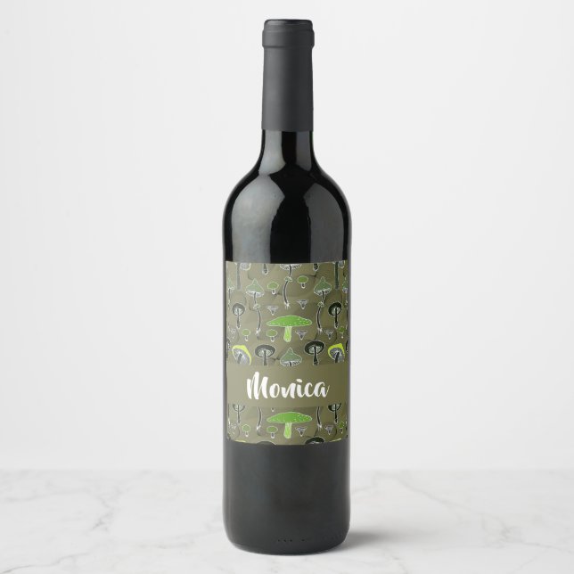 Étiquette Pour Bouteilles De Vin Champignons verts et noirs sur vert (Devant)