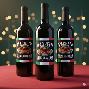Étiquette Pour Bouteilles De Vin Champion de la famille réunis pour manger des spag