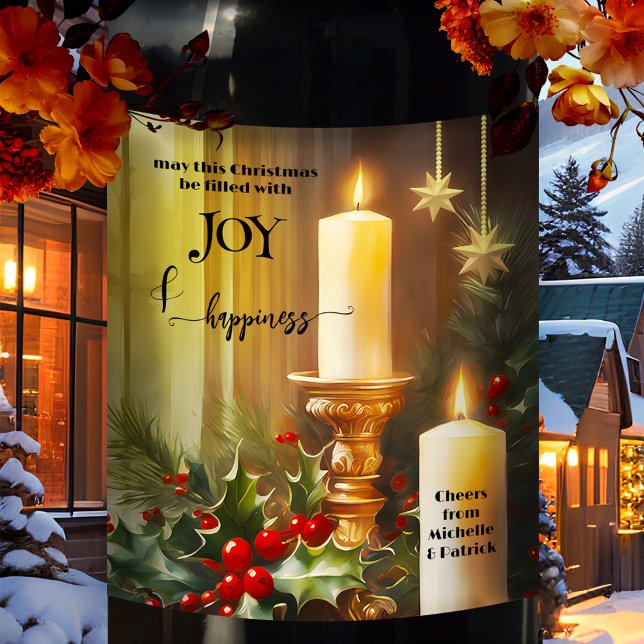 Étiquette Pour Bouteilles De Vin Chandelles classiques Mistletoe Noël (Classic Christmas wine label featuring candles, mistletoe and red berries, and gold stylized stars)