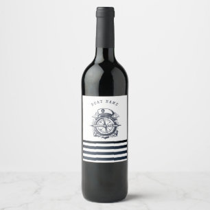 Étiquette Pour Bouteilles De Vin Chapeau Marin, Ancre, Roue Bleu Marine Rayé