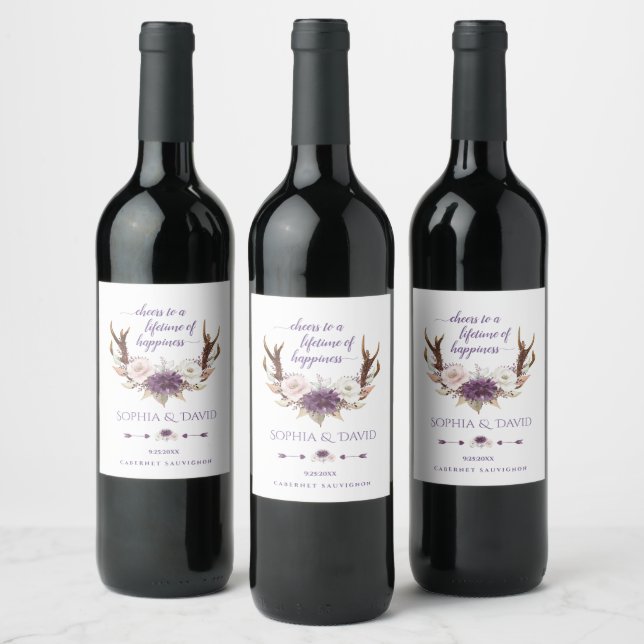 Étiquette Pour Bouteilles De Vin Charm Lavender Rose Fleurs Blanches Antlers Mariag (Bouteilles)