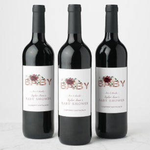 Étiquette Pour Bouteilles De Vin Charme Bourgogne rose Floral Baby shower fille or