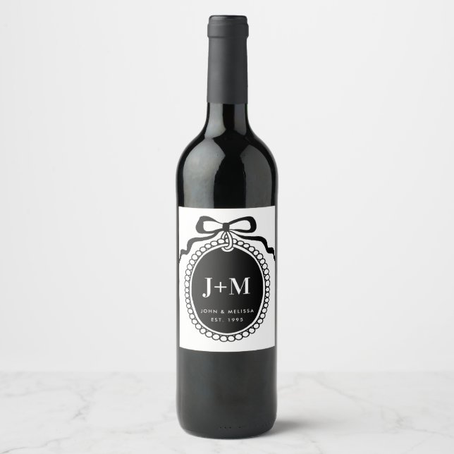 Étiquette Pour Bouteilles De Vin Charme de monogramme Coquette noir  (Devant)
