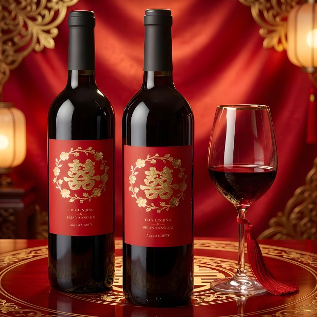 Étiquette Pour Bouteilles De Vin Charming Glitter Floral Chinese Double Happiness (Charming Glitter Effect Floral Chinese Double Happiness Symbol Elegant Wine Labels Design.)