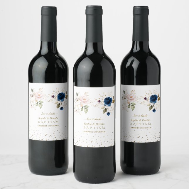 Étiquette Pour Bouteilles De Vin Charming Rose Blue Gold Flowers Twins Christening (Bouteilles)