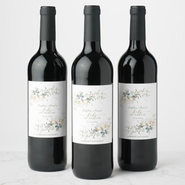 Étiquette Pour Bouteilles De Vin Charming White Floral Airy Leaves Baby in Bloom    (Bouteilles)