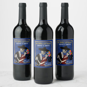 Étiquette Pour Bouteilles De Vin Charro Catrina Crânes de Sucre Dançant Bleu
