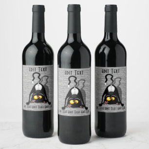 Étiquette Pour Bouteilles De Vin Chat à l'envers Personnage de Dessin Animé Drôle