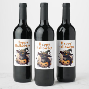 Étiquette Pour Bouteilles De Vin Chat aux sorcières pour Halloween heureux