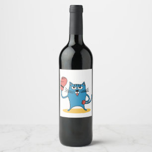 Étiquette Pour Bouteilles De Vin Chat avec gants de boxe