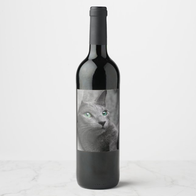 Étiquette Pour Bouteilles De Vin chat bleu-russe avec les yeux verts (Devant)