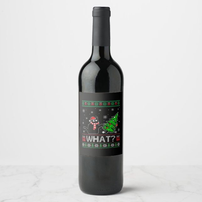 Étiquette Pour Bouteilles De Vin Chat Ce Chat Noir Drôle Poussant Arbre De Noël (Devant)
