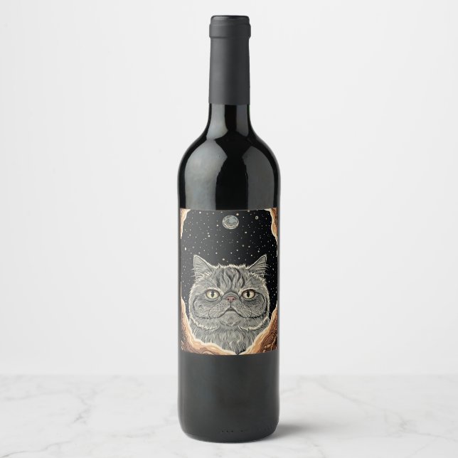 Étiquette Pour Bouteilles De Vin Chat Cosmique (Devant)