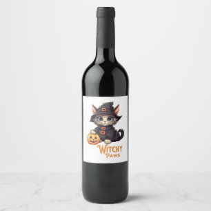 Étiquette Pour Bouteilles De Vin Chat d'Halloween aux pattes de sorcière