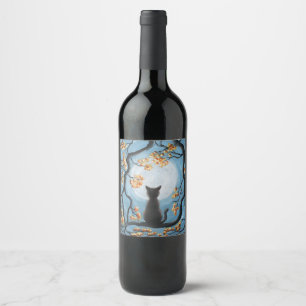 Étiquette Pour Bouteilles De Vin Chat lunatique dans la peinture de Pleine lune