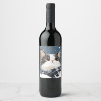 Étiquette Pour Bouteilles De Vin Chat mignon pelucheux neige d'hiver