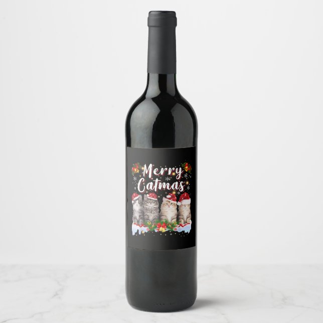 Étiquette Pour Bouteilles De Vin Chat Noël Santa Hat Funny Joyeux Noël (Devant)
