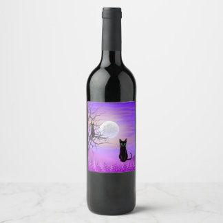 Étiquette Pour Bouteilles De Vin Chat noir avec Pleine lune et Ciel de nuit pourpre