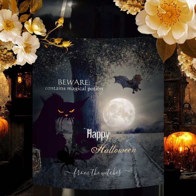 Étiquette Pour Bouteilles De Vin Chat noir Halloween brun (Halloween party wine label with wicked cat, bat + spider at full moon under a tree with party lights)