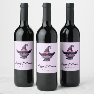 Étiquette Pour Bouteilles De Vin Chat noir mignon portant l'Halloween Casquette d'u
