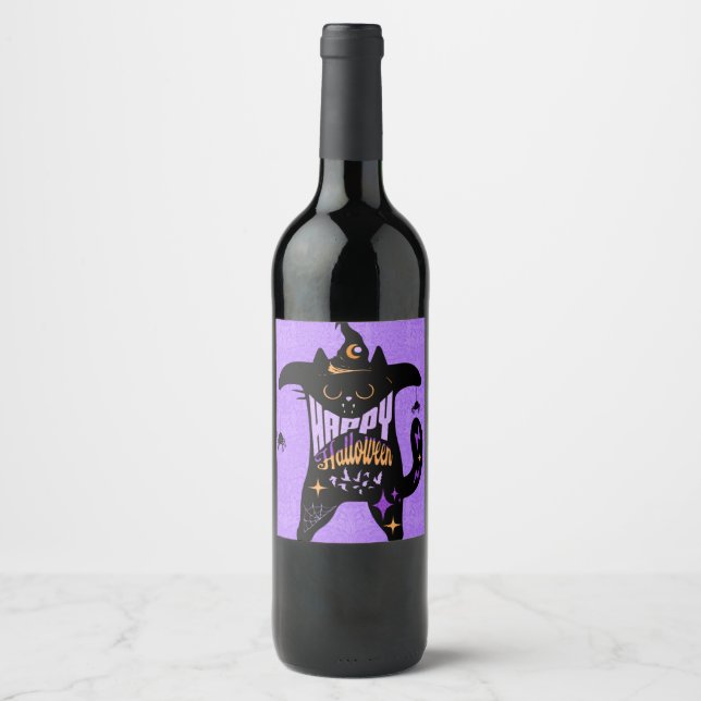 Étiquette Pour Bouteilles De Vin Chat noir rétro drôle Halloween  (Devant)